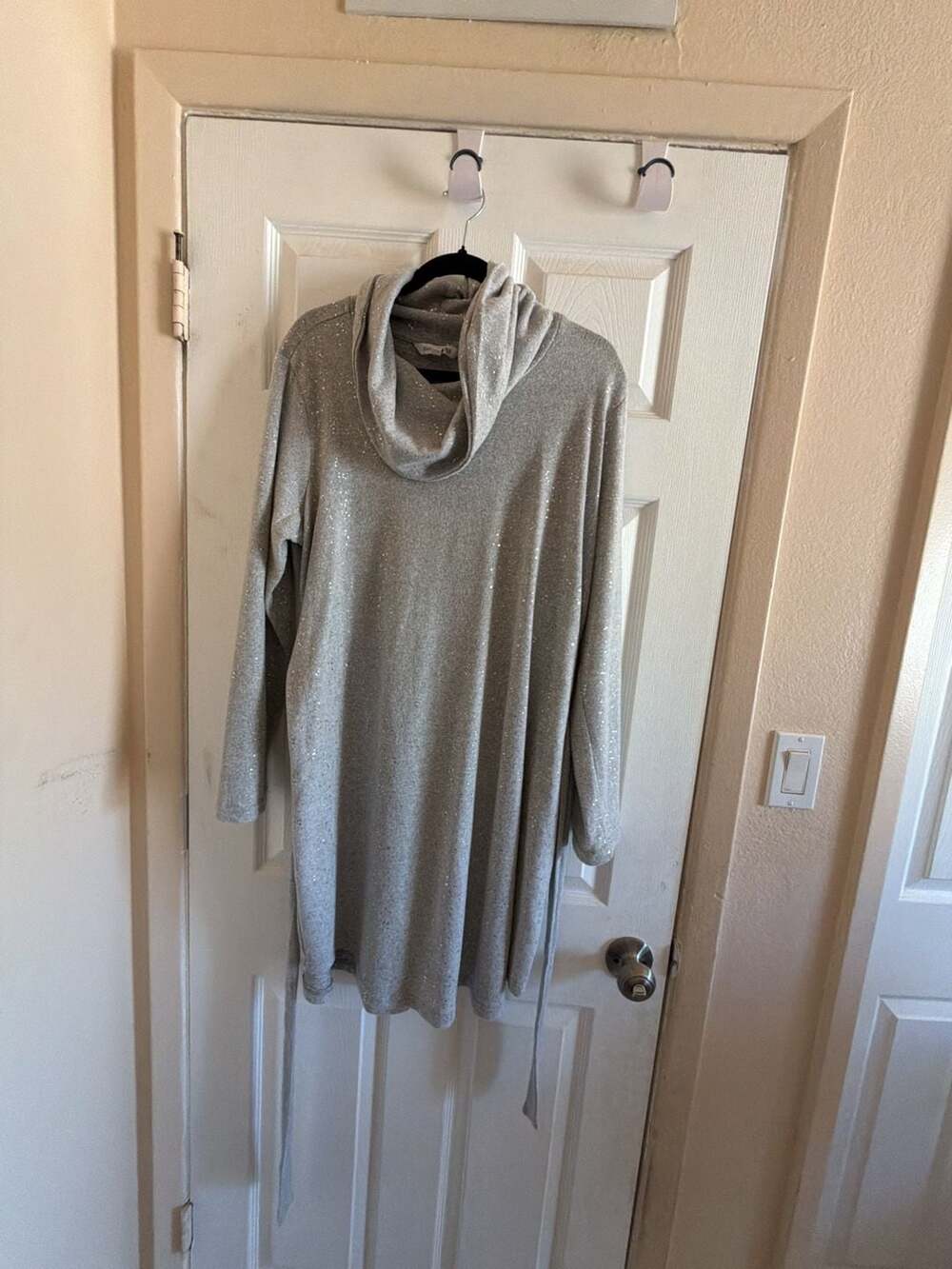Emily Daniels Silver Foil Accented Cowl Neck Sweater Dress